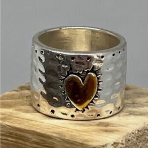 Wide Silver Ring with Golden Heart